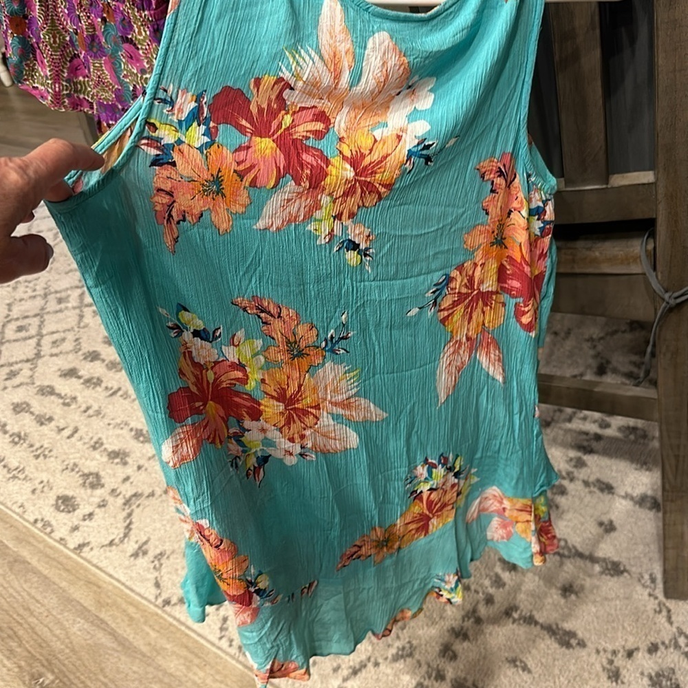 a.n.a tank top with flutter bottom aqua blue, orange, red yellow flowers small - Picture 5 of 10